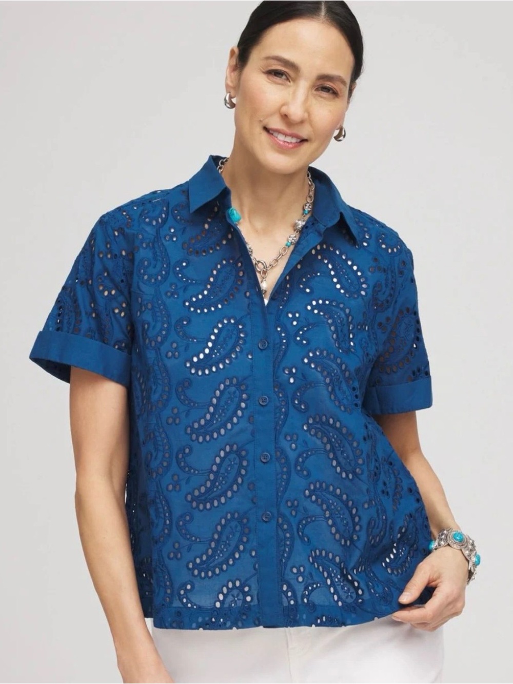 Chico's Embroidered Eyelet Button-down Top